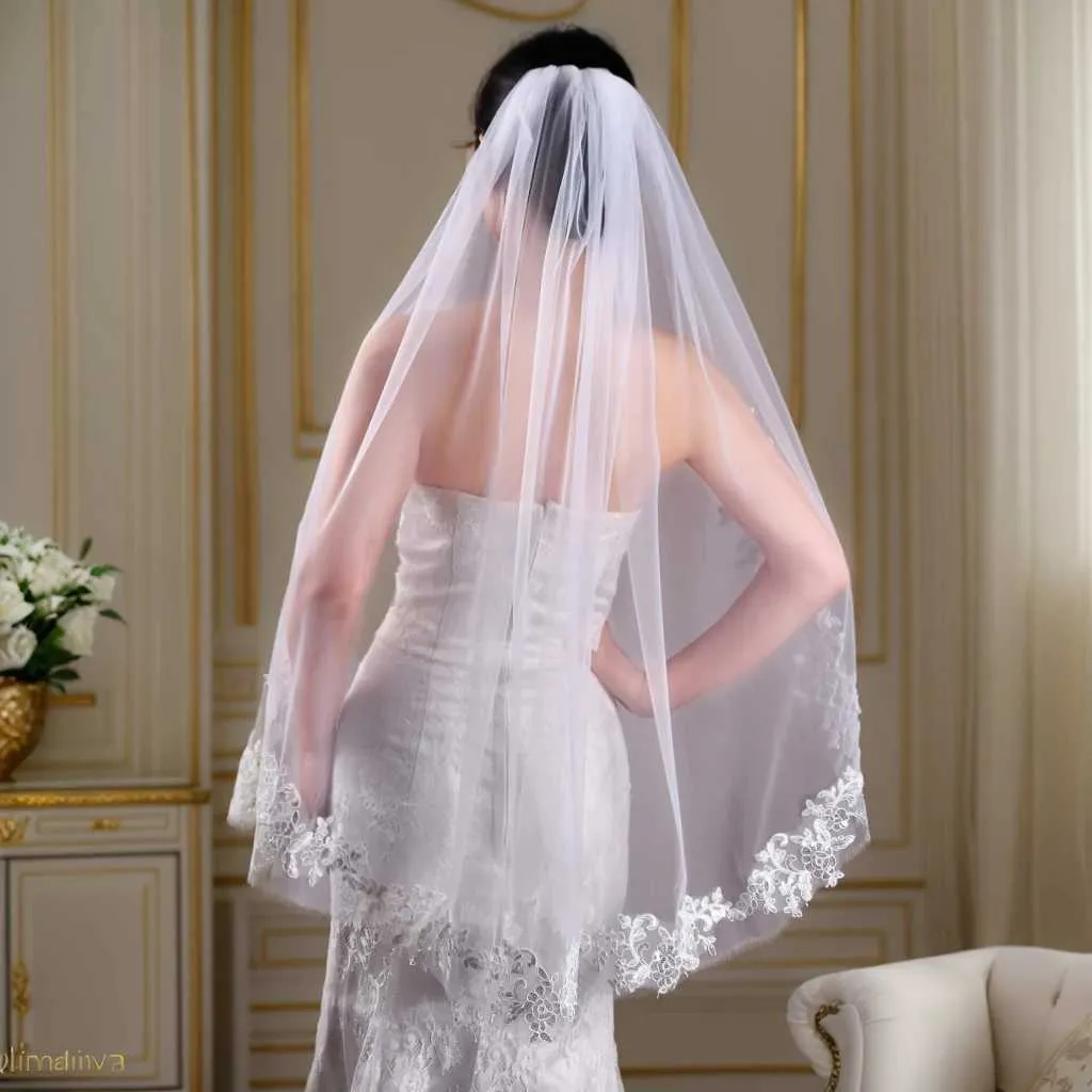 Bijoux de cheveux V47 Voiles de mariée courts Bord cathédrale Longueur Voile de mariage avec peigne Bordure en dentelle florale françaiseNuptiale_voghion.com