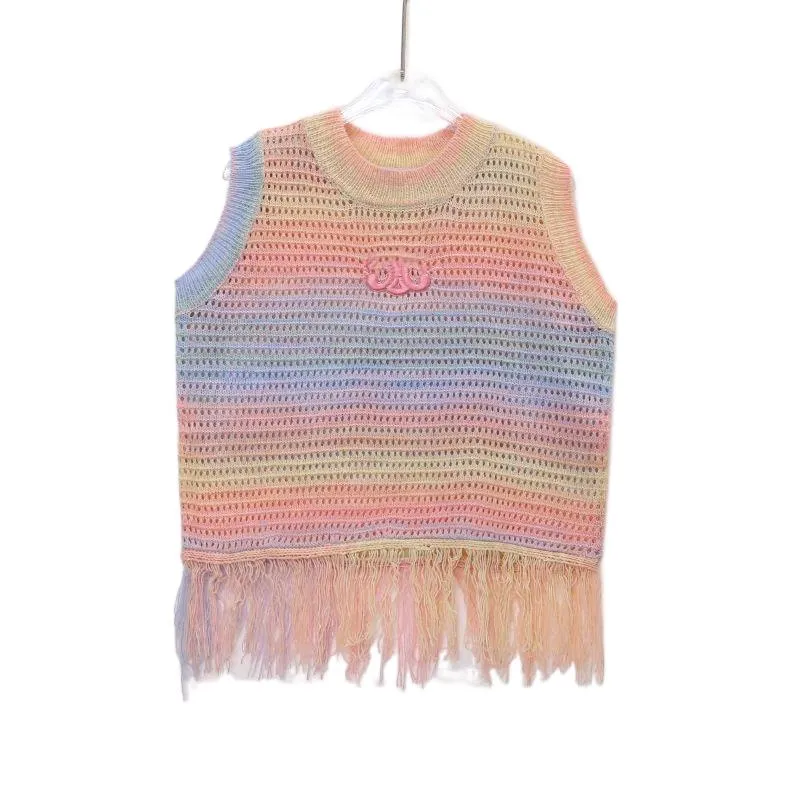 Kvinnor o-hals gradient Rainbow Color Hollow Out Sticked Fringe Tassel Bottom Vest Designer Crop Top Tank