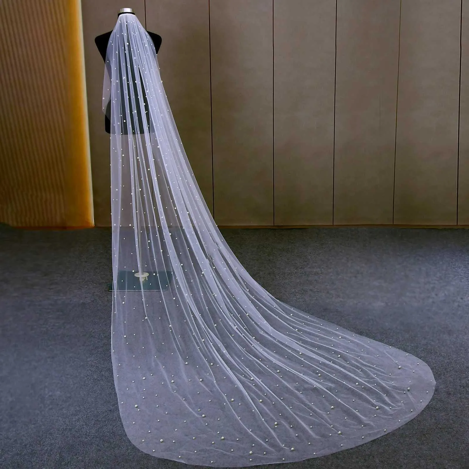 Gioielli per capelli Veli di perle eleganti Pettine piatto liscio Velo da sposa Perline miste 1 livello Bordo tagliato Velato lungo da donna da sposa_voghion.com