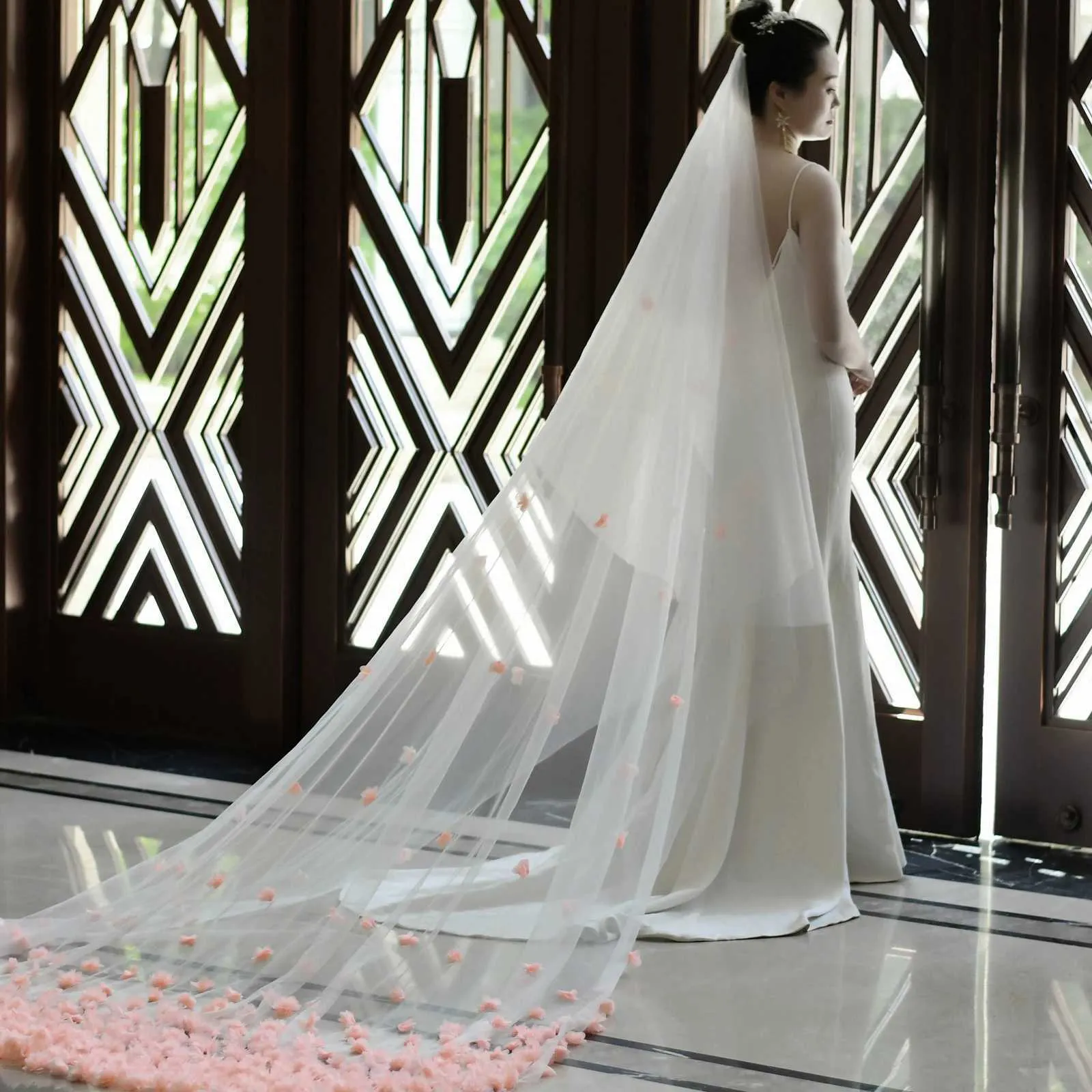 Hair Jewelry V95 Wide Pink Flower Appliqued Wedding Veil Long Cathedral Style Illusion 2 Tier with Comb Bridal_voghion.com
