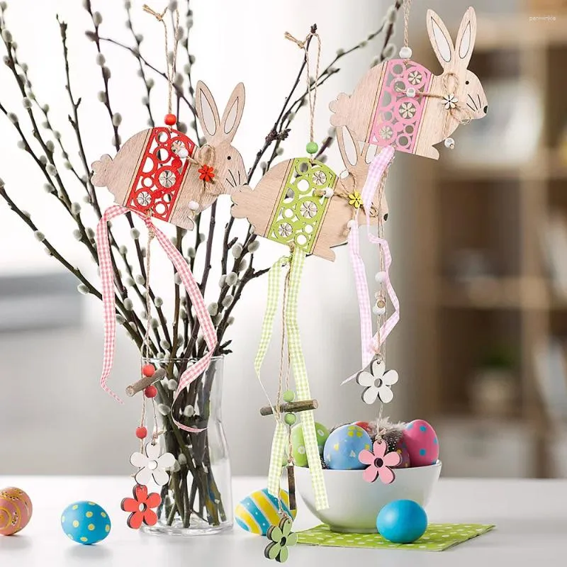 Pingente de decoração para festas pendurando ornamentos decoração pingentes de frango flores em casa suprimentos de artesanato diy de madeira coelhos de páscoa
