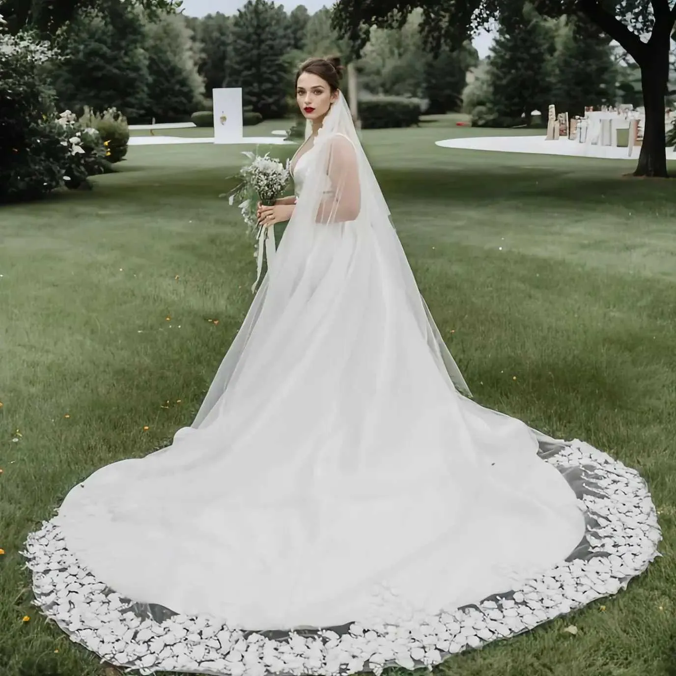 Hair Jewelry 03 Long Cathedral Length Wedding Veil 3D Flowers Soft Bridal Illusion with Comb Bride to be Accessories_voghion.com