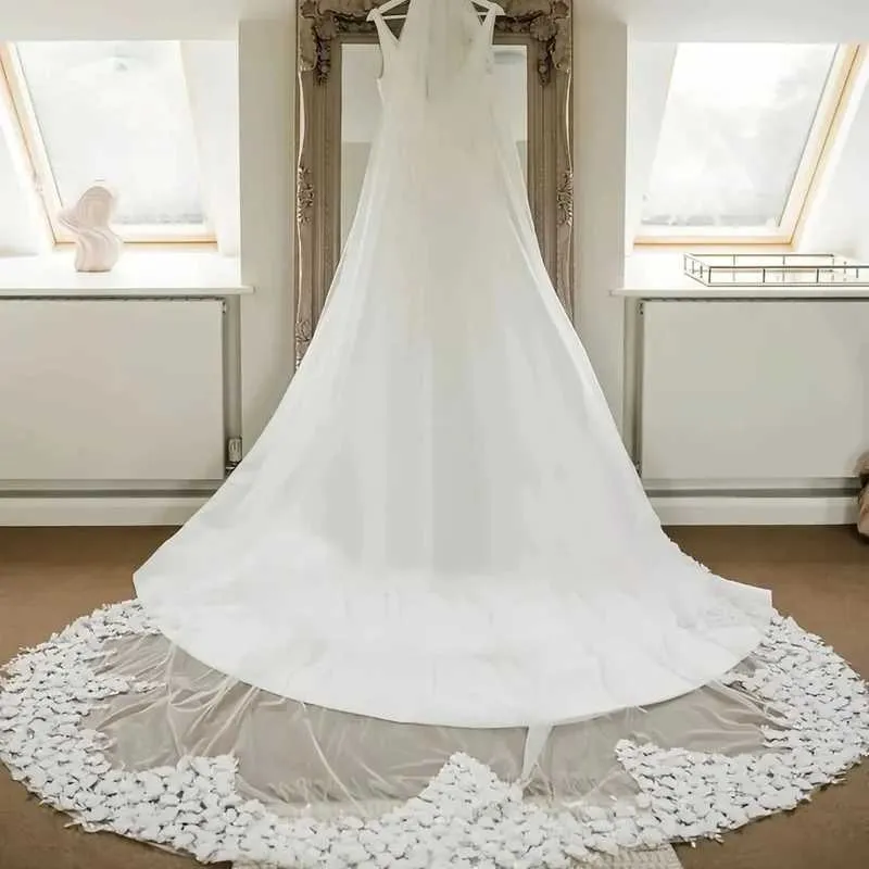 Hair Jewelry 03 Long Cathedral Length Wedding Veil 3D Flowers Soft Bridal Illusion with Comb Bride to be Accessories_voghion.com