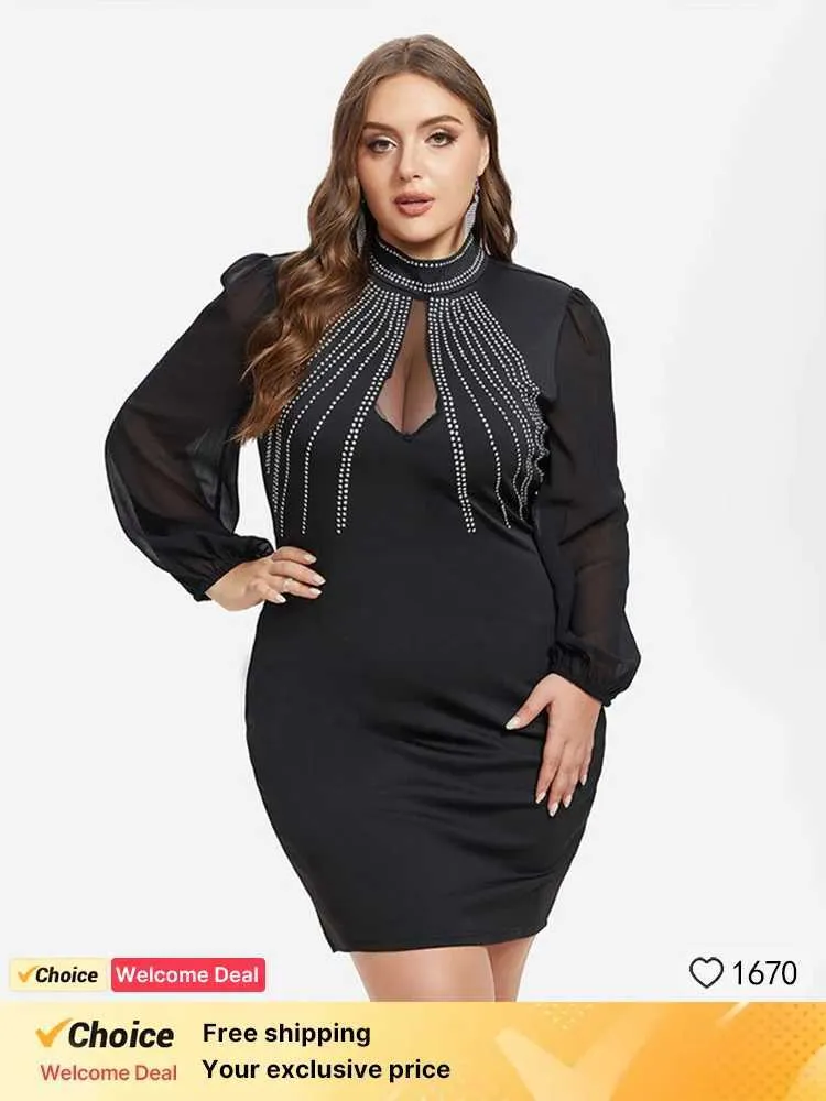 Plus size jurken plus formaat kleding contrast mesh glanzende steentjes jurk mesh lantaarn slve backless jurk sexy bodycon jurken nachtclubkleding y240510