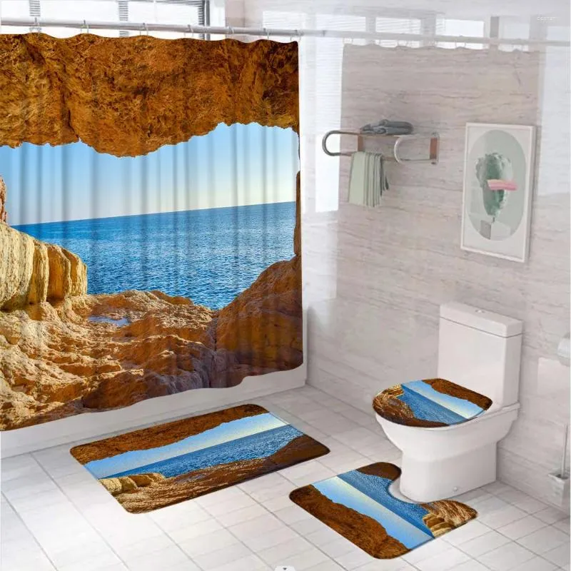 Rideaux de douche ensembles de rideaux de grotte naturels Décors d'automne Bleu Ocean Sea Tissu Salle de bain Tapis de bain non glissé Couvrette de toilette de couvercle