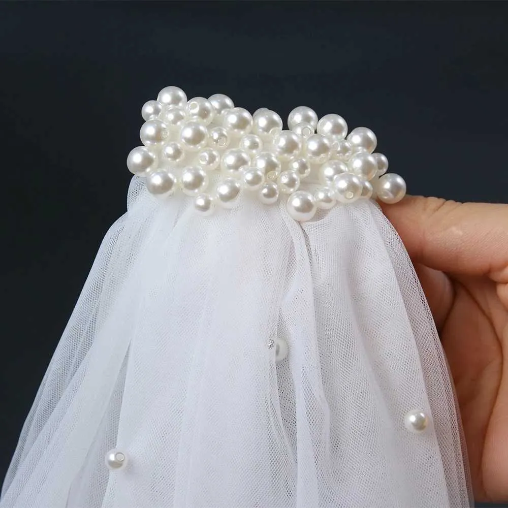 Schmuck Kurzer Brautschleier mit Perlen und Kamm, 2-stufig, weicher Haarschmuck für die Braut, der Romantik entfesselt, VP99_voghion.com