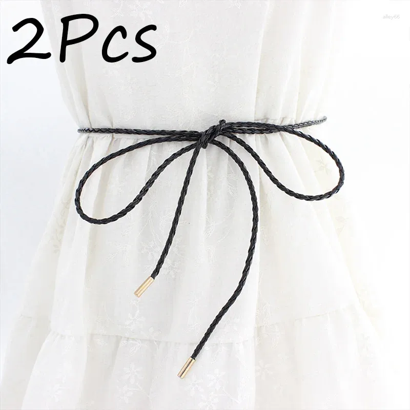 Belts 2Pcs Woven Leather Long Waist Rope Thin Women Fashion Decorative Knotted Belt Skirt Waistband Coat Sweater Strap