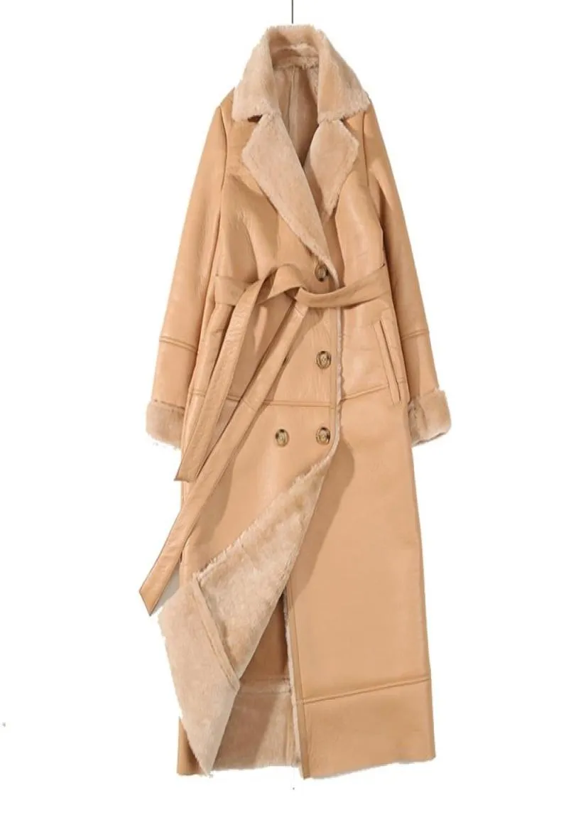 Зима 2020 г. Женщины овчина шерсть из шерсти с разрезанностью коричневая кожаная куртка PS Size Зимние пальто Женская модная одежда LJ2010216836685