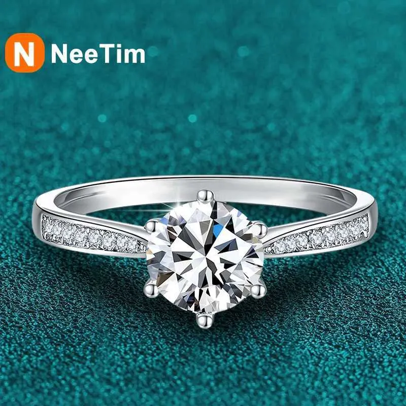 Wedding Rings NeeTim Real 3 Carat Moissanite Womens Ring 925 Sterling Silver Round Sparkling Laboratory Diamond Engagement Gift Q240511