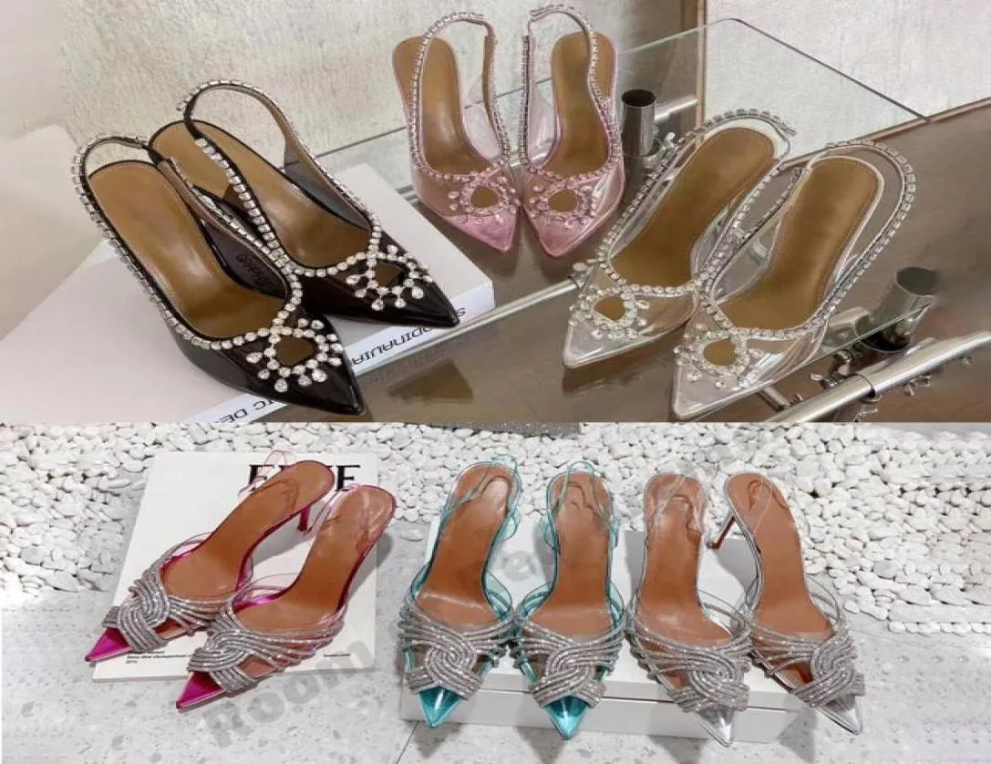 2022 Verführung Gatsby PVC -Kleidungsschuhe Aquazzura Ananas 9 cm Pointy Strostrich Bowknot Crystal Diamond Sandale Pumps High Heels Sequi1869834