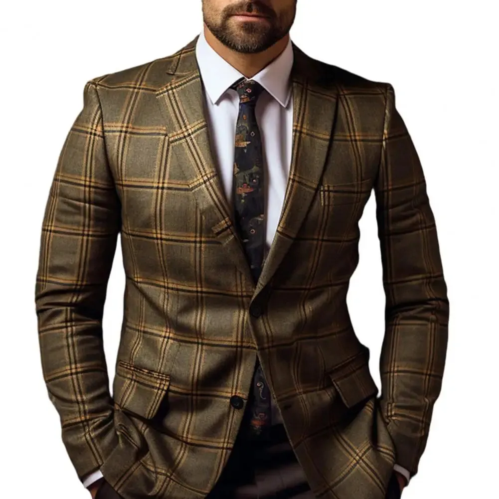 Men Suit Coat Formal Business Style Slim Fit Plaid Print Long Sleeve Single Button Closure Mid Length Straight Cardigan Work Coa 240513