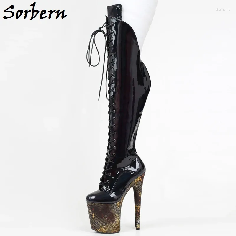 Boots Sorben Custom Sobre o joelho Holo Snake Lace Up Pólo Dança Alta Plataforma de Plataforma Saltos de Baot Saltos 20cm 17cm 15cm