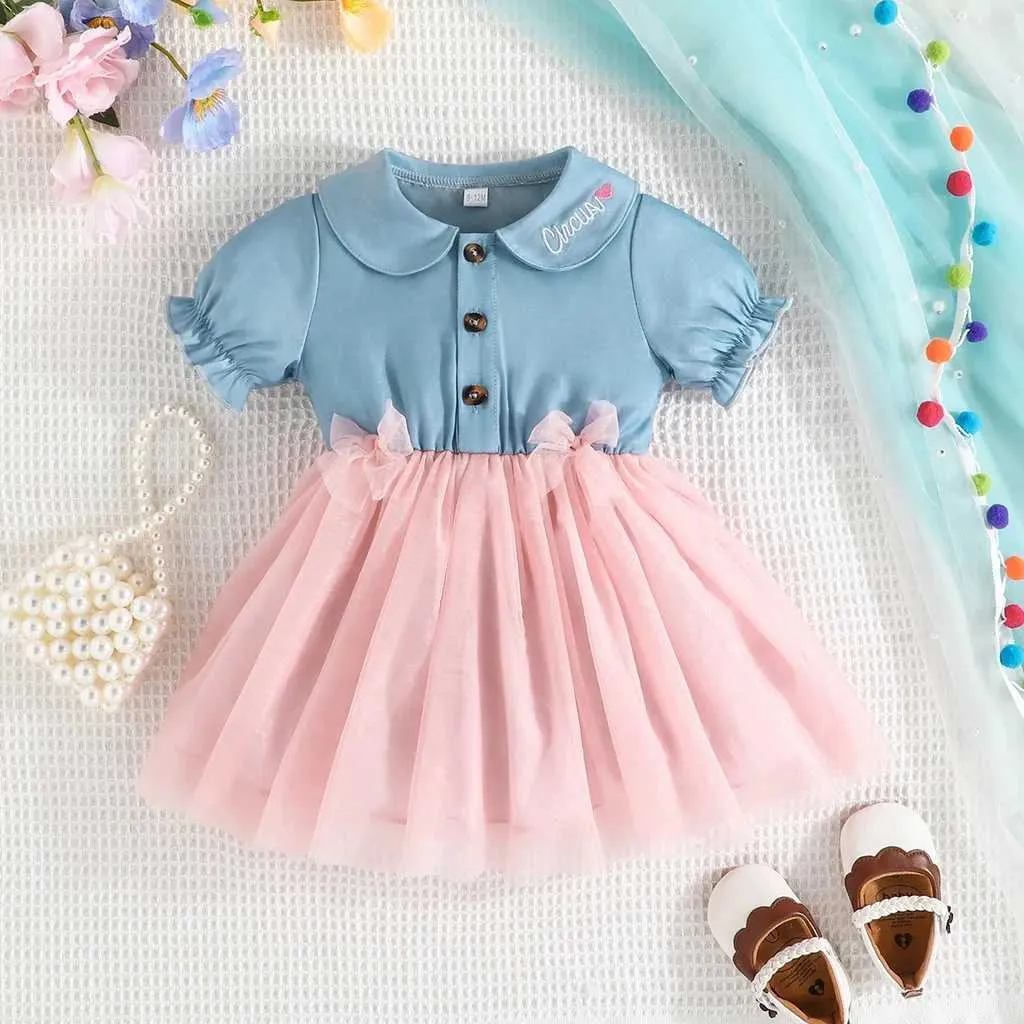 Vestidos de menina vestido para crianças recém-nascidas 3-24 meses de manga curta Boto de botão fofo Tulle Princess Dresses ootd para baby girll2405