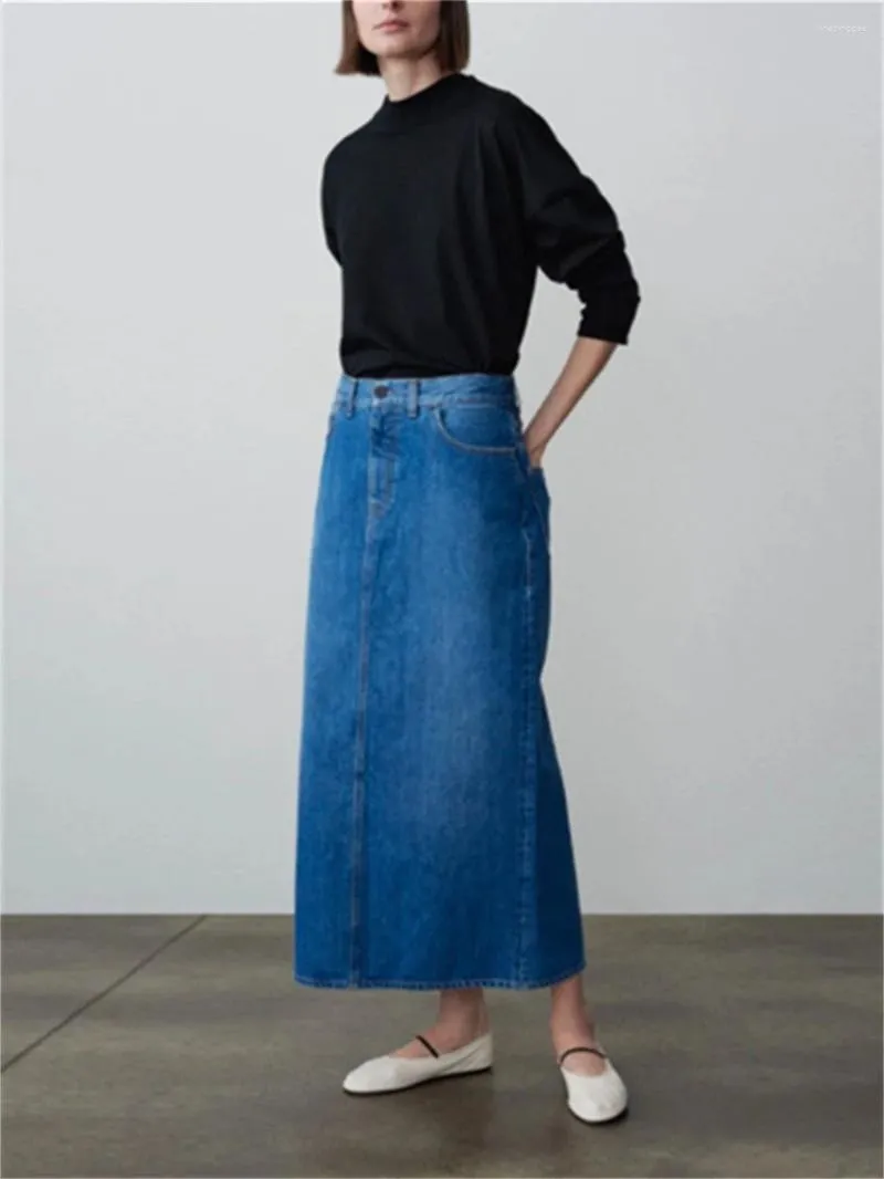 Skirts Women High Waist Straight Wrap Skirt Cotton Autumn 2024 All-Match Ladies Back Slit Hem Mid-Length Denim Jupe