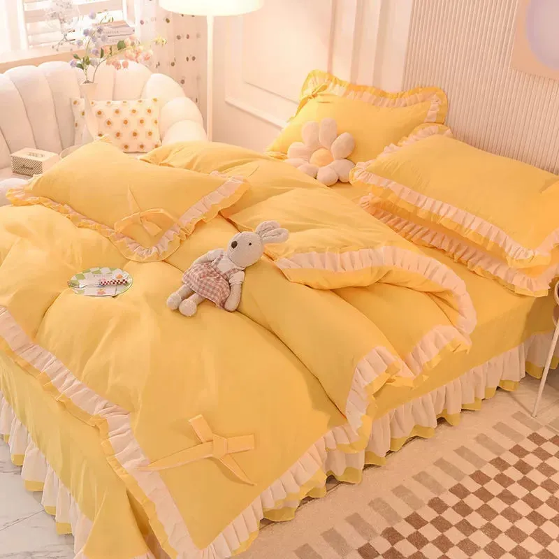 Girls beddengoed sets kawaii seersucker bed blad kussensloop mode prinses dekbedoverdeksel vaste kleur 4 stuks schattige huizendecoratie 240430