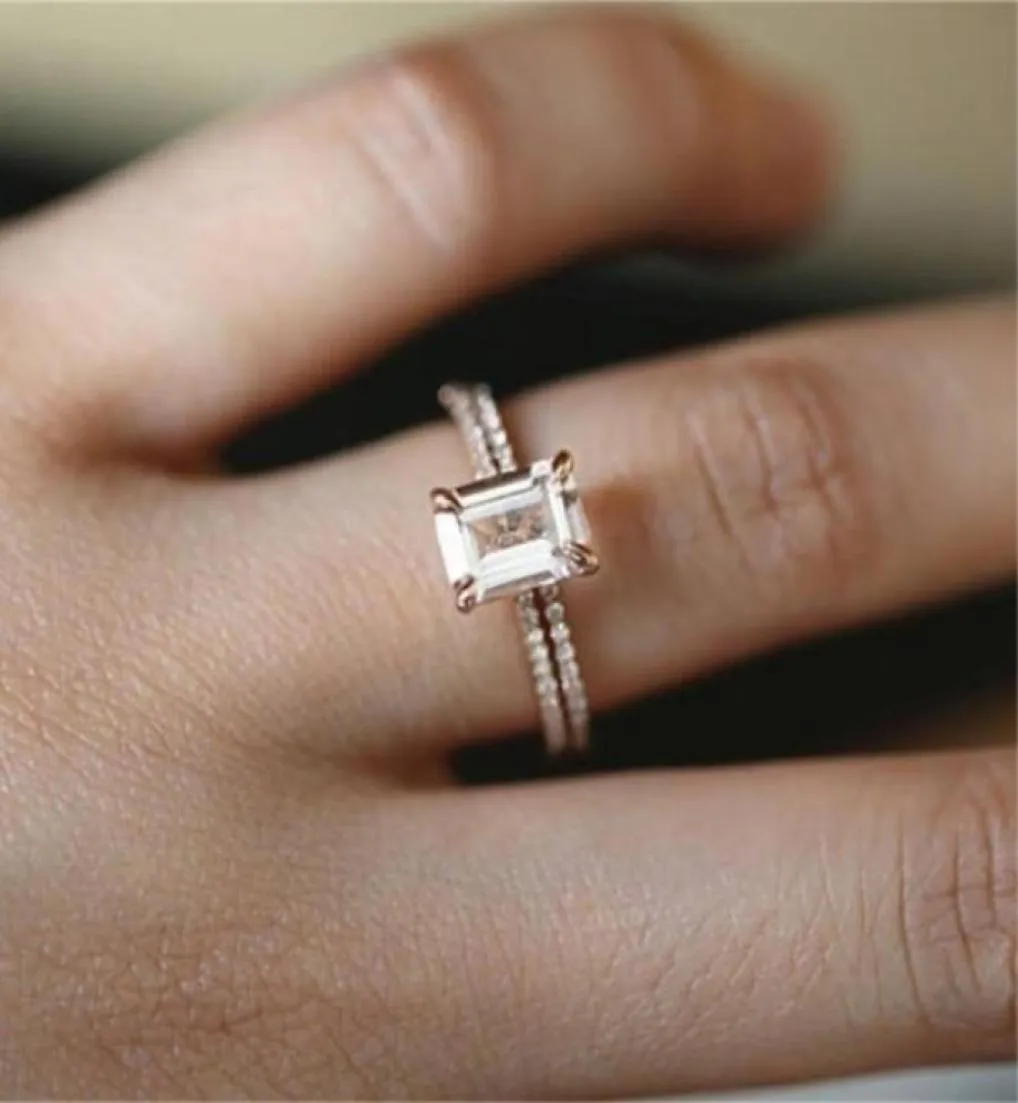 18k Rose Gold Rings Conjunto Slim Princess Morganite Proposta Presente Clear Diamante