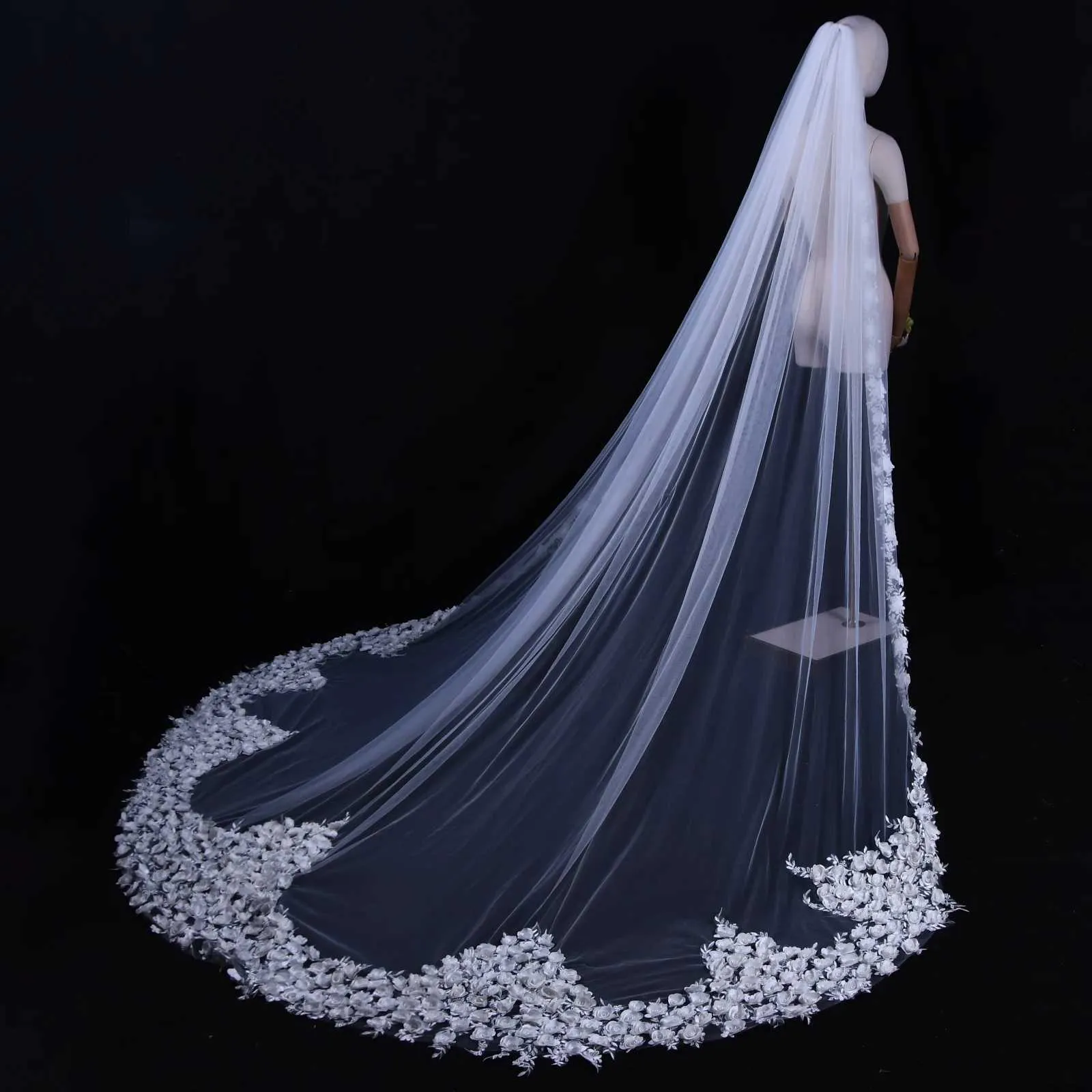 Hair Jewelry 03 Long Cathedral Length Wedding Veil 3D Flowers Soft Bridal Illusion with Comb Bride to be Accessories_voghion.com