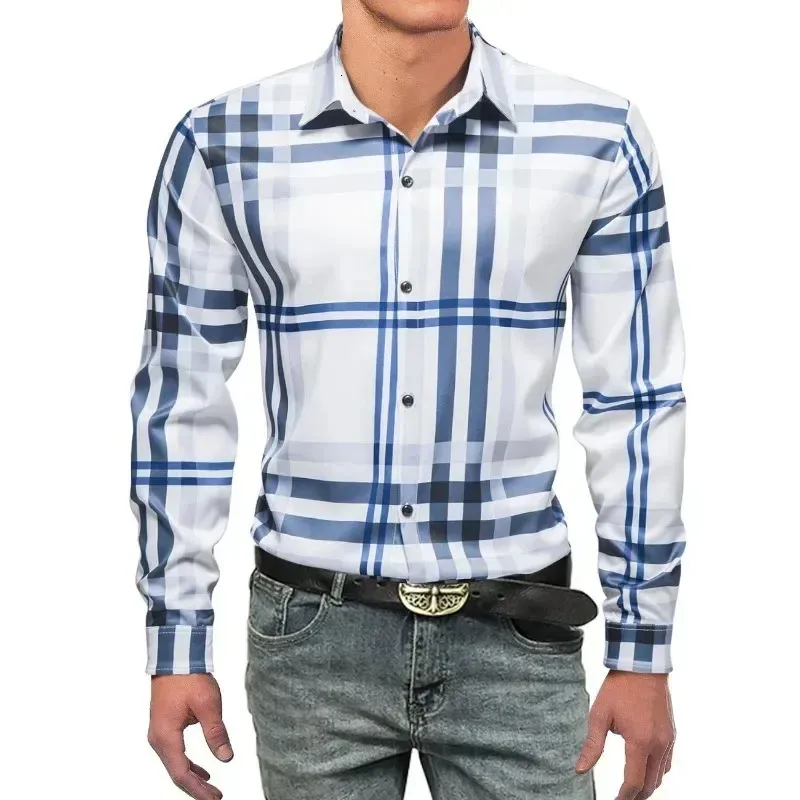 2023 Autumn Mens Shirt Casual veelzijdige streep Geplaid Polo kraag lange mouw shirts 240507