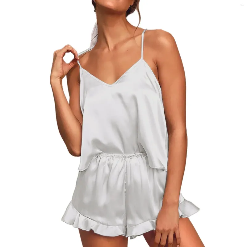Hemkläder Summer Kvinnors sexiga siden Satin Ruffled Pyjamas Set Shorts Sleepwear Elegant Nightwear Solid Camis High midje vintage kostymer
