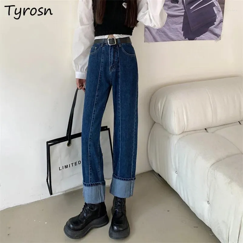 Women's Jeans Bright Line Designed High Waist Ulzzang Straight Vintage Crimping Harajuku All Match Chic Students Spring Autumn Leisure