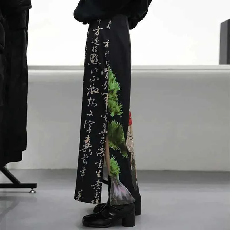 Kjolar mexzt harajuku svart tryckt skidkvinnor gotiska japanska slips färgämne skarvade a-line långärmad kortärmad hög midja rak kjol y240513