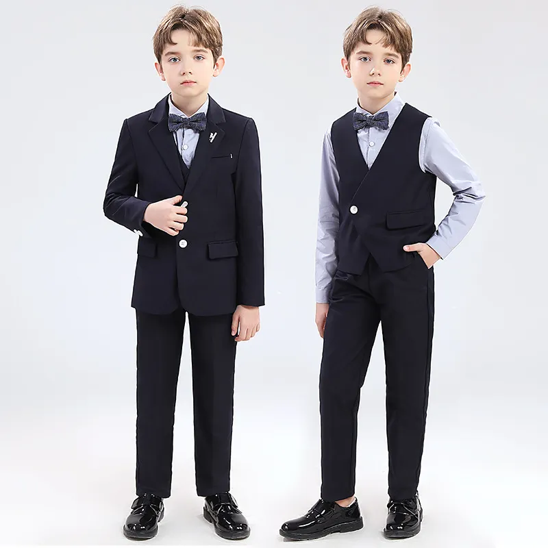 Barns kostympojkar Väst Set Set Suit Suit Middle Child Piano Host Chorus Performance Dress (långärmad skjorta + Väst / kostym + byxor + Bow Tie)