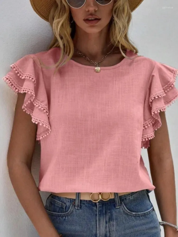 Women's Blouses Fringed Ruffle Sleeves Blouses& Shirts Women2024 Summer O-neck Solid Color Casual Pullover Vintage Elegant Youth Female Tops
