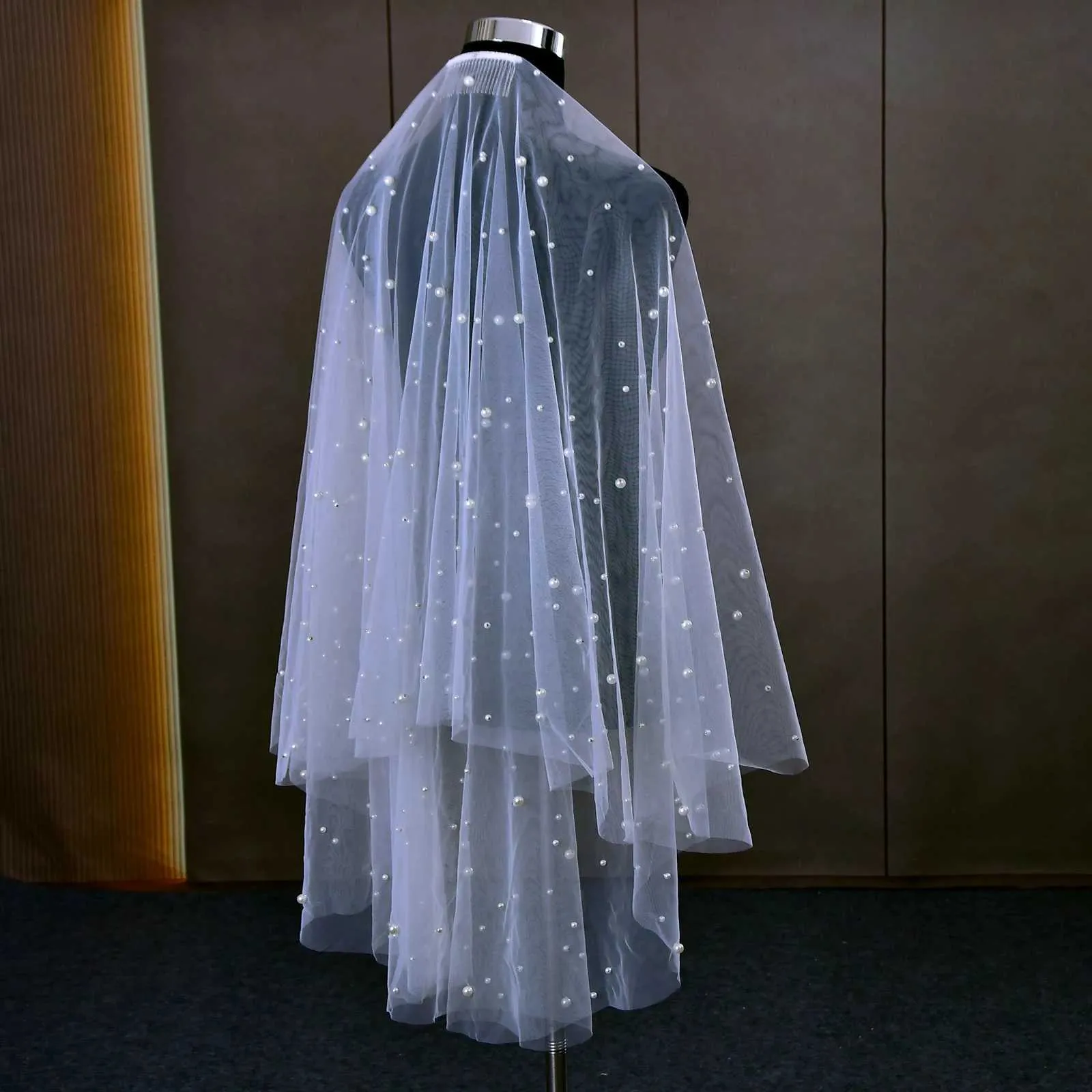 Bijoux de cheveux 2 cravate voile couverture visage perles perles voiles de mariée avec peigne bord brut coude longueur mariée accessoires de mariage_voghion.com