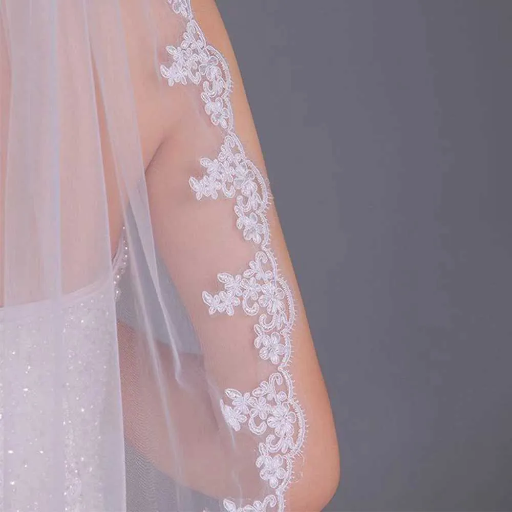 Gioielli Velo corto Ciglia Bordo in pizzo Veli da sposa 1 livello Lunghezza gomito Velo Accessori per capelli sposa Addio al nubilato da sposa_voghion.com