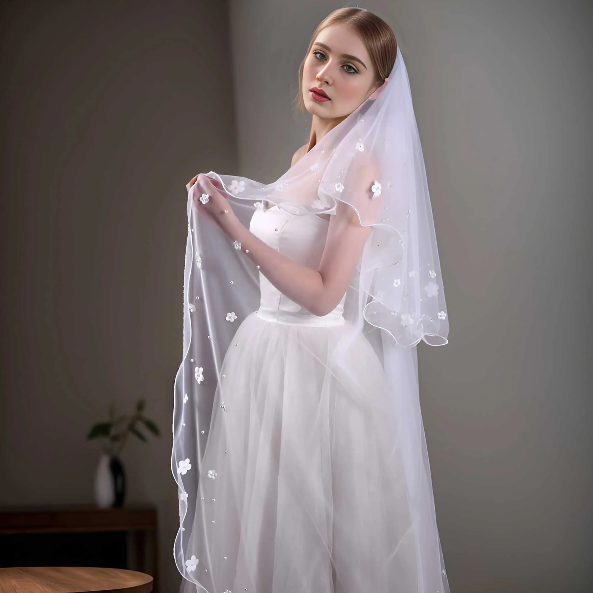 Biżuteria do włosów V217 2 poziomy perły welon pokrywa twarz 3D kwiaty welony ślubne miękki tiul z grzebieniem długie akcesoria ślubne_voghion.com