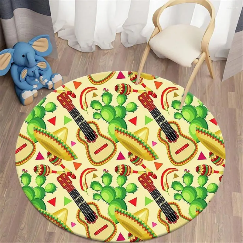 Tapis hx est mexicain rond tapis guitare sable marteau chapeau cactus 3d imprimé pour salon