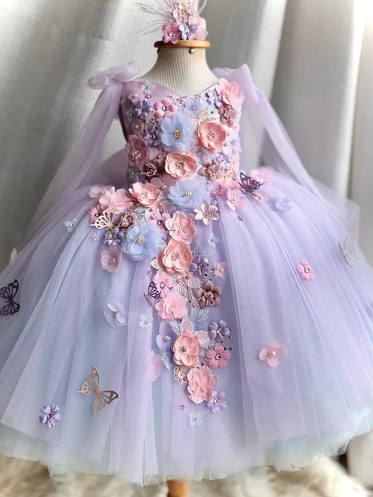 2024 Fiori 3d Flower Girl Dresses v Neck in perline Terrena Principessa Comunione vestito Tulle Little Kids First Birthday Daughter Birthday e Mother Dress Abiti di matrimonio