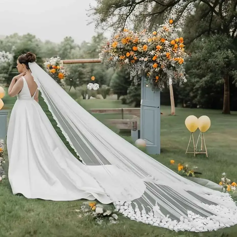 Hair Jewelry 03 Long Cathedral Length Wedding Veil 3D Flowers Soft Bridal Illusion with Comb Bride to be Accessories_voghion.com