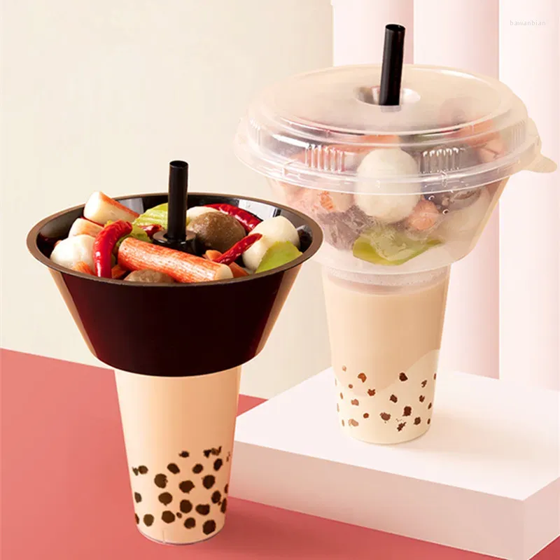 Disposable Cups Straws 25pcs Net Red Milk Tea Pot Cup Fruit Tray Steak Drink Juice Snack 500ml 700ml Packaging Clear Plastic