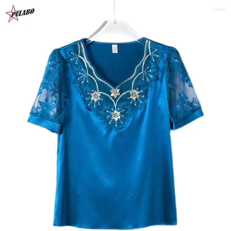 Women's Blouses Lace Flower Embroidery Elegant Woman Satin Fashion Short Sleeve Shirts Youth Top Summer V Neck Silk Blusas