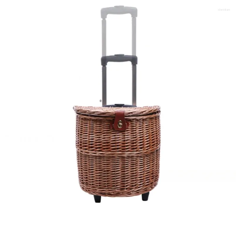 Storage Bags Rattan Weaving Picnic Basket Trolley Cart Multifunctional Wheeled With Lid Hand Outdoor Props