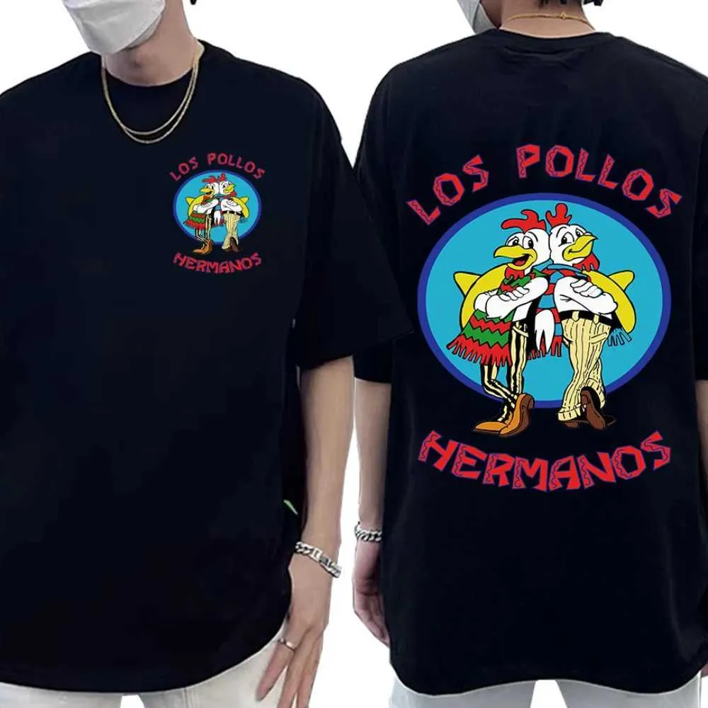 TV-serie voor heren tv-serie Breaking Bad Los Pollos Hermanos dubbelzijdige print t-shirt katoenen kip broers Men mode t shirt strtwear t240510