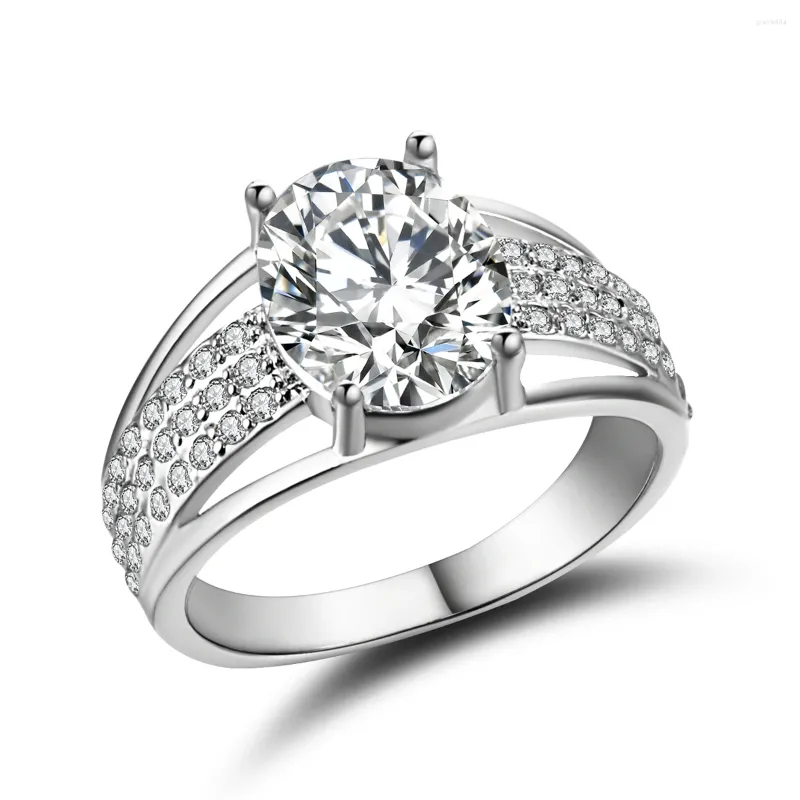 Avec des pierres latérales Hainon Luxury Autrichien Crystal Finger Eternity Ring Clear Cumbic Zirconia Silver Color Engagement Wedding Bijoux