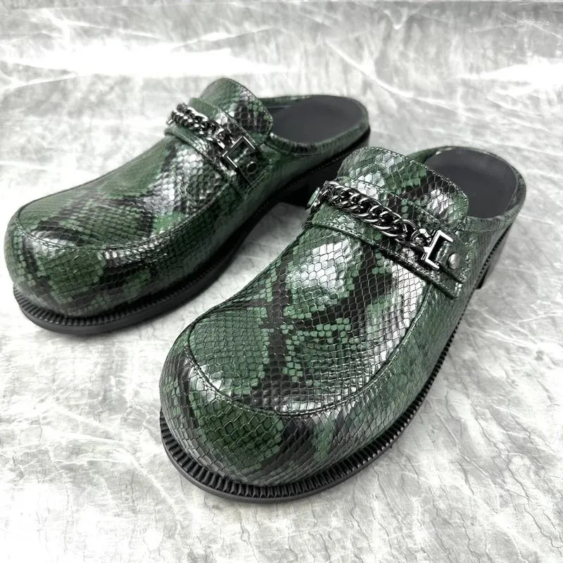 Buty swobodne zielony wąż wzór skóry oryginalne skórzane mokasyny dla mężczyzn luksusowe letnie mieszkania pół śluzowaty ręcznie robione męskie muły