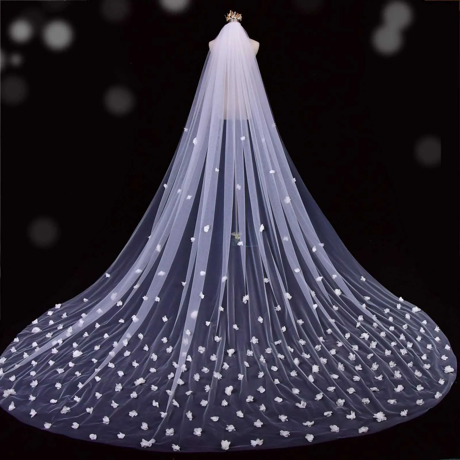 Hair Jewelry Long Cathedral Bridal 3D Flowers 1 Layer Soft Veil with Comb Wedding Accessories for Bride v20_voghion.com