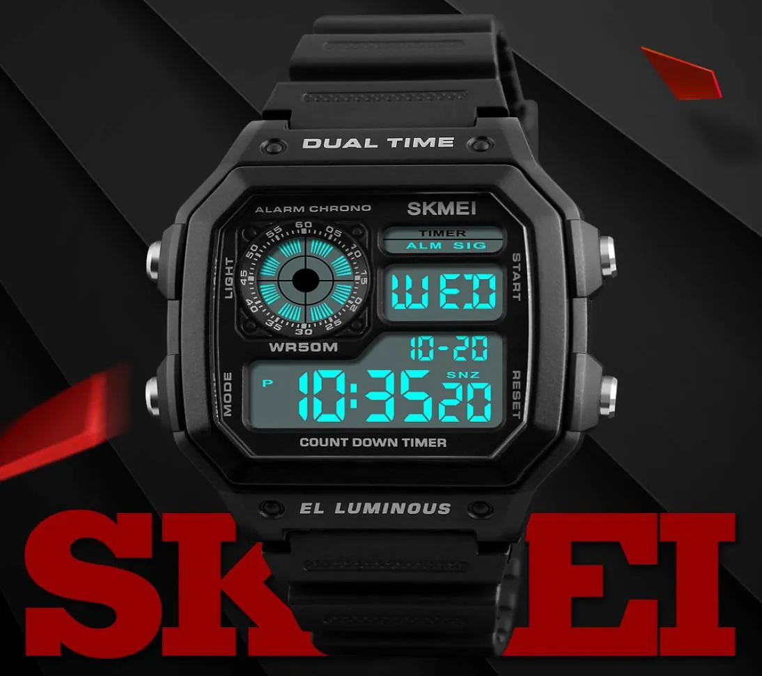 Nowy przylot Skmei Fashion Sports Watche Men Waterproof PU Pasek Watch Alarm Mężczyzna zegar LED Cyfrowe zegarek Relogio3465253