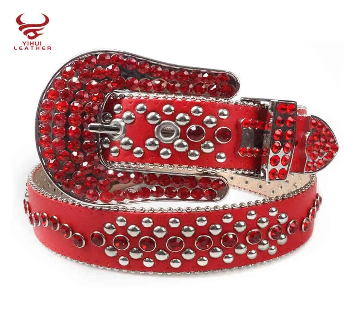 Tillverkar nya Digner Red Pu -bälten Män Shiny Studded Diamond DNA Stone Beltsimon1293600
