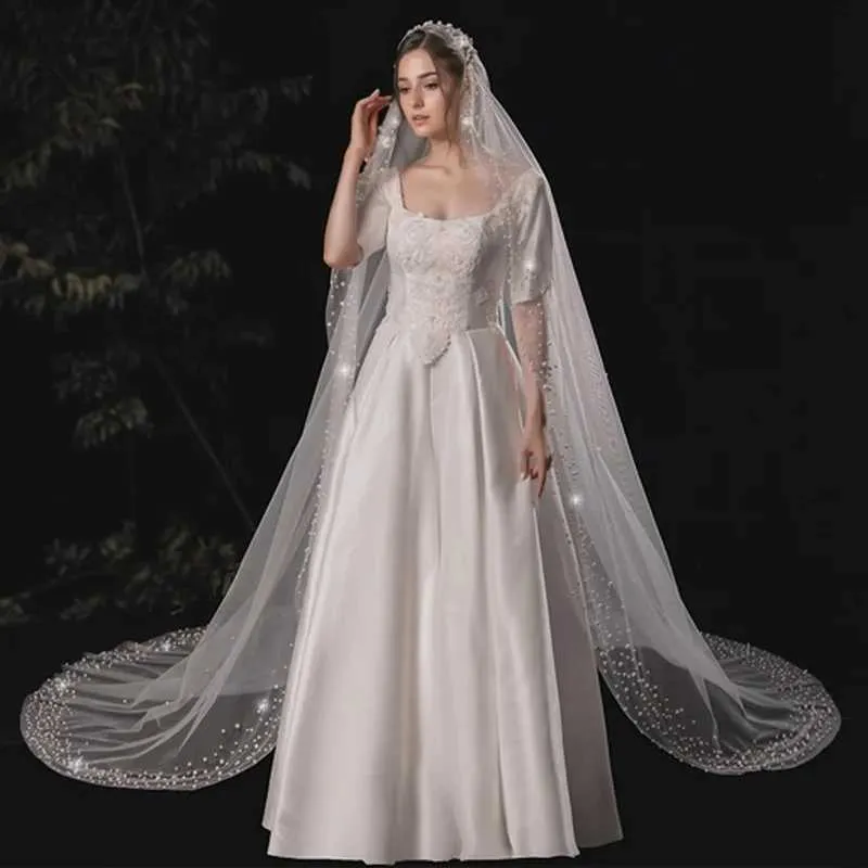 Haarschmuck V145 Extra Langer Kathedralschleier 3M Breit Perlen Perlenbesetzter Brautschleier mit Kamm Hochzeitsaccessoires Weiß Elfenbein_voghion.com