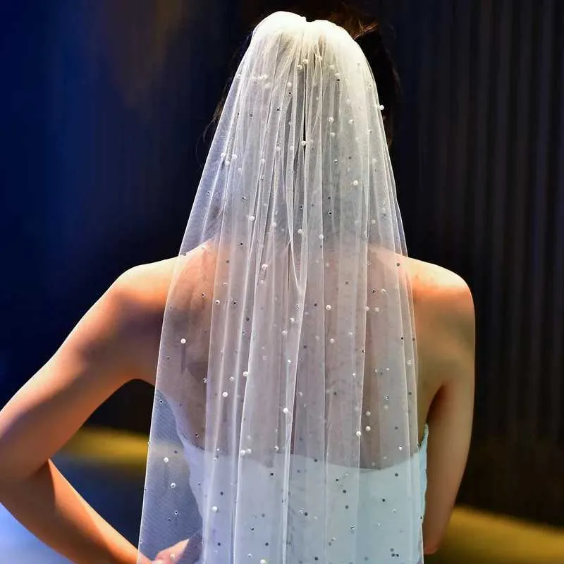 Biele svadobné šperky s trblietavým závojom, kamienkami a perlami, svadobný závoj, 1 úroveň, zmes kryštálov, korálkový tyl_voghion.com