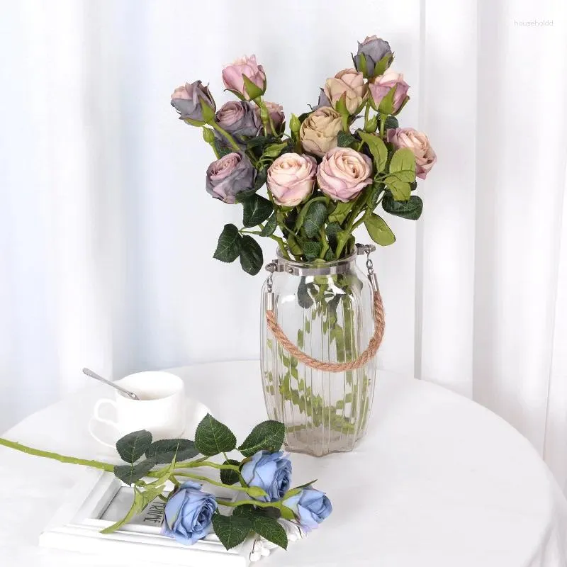 Dekorativa blommor 3-Fork Europeiska retro simulering rosor bröllop bord prydnader hem el trädgård blomma vägg konstgjord dekor