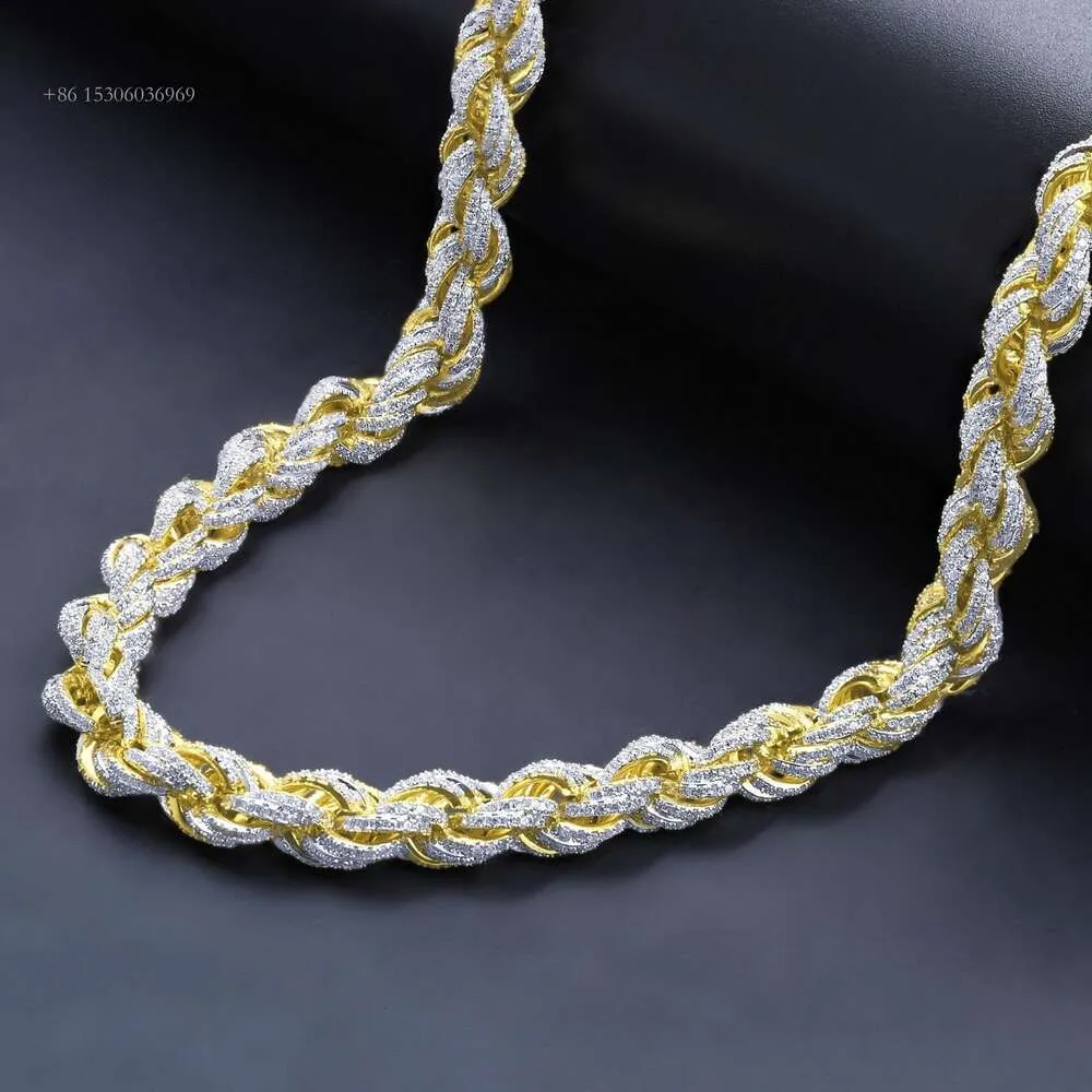 Kibo ädelstenar Sterling Sier 10mm Hiphop Iced Out Bling VVS Moissanite Gold Rope Chain Halsband