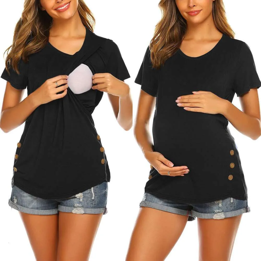 Spring and Automne Fashion Solid Couleur Round Nou Mallfeeding Ouverture T-shirt pour femmes enceintes