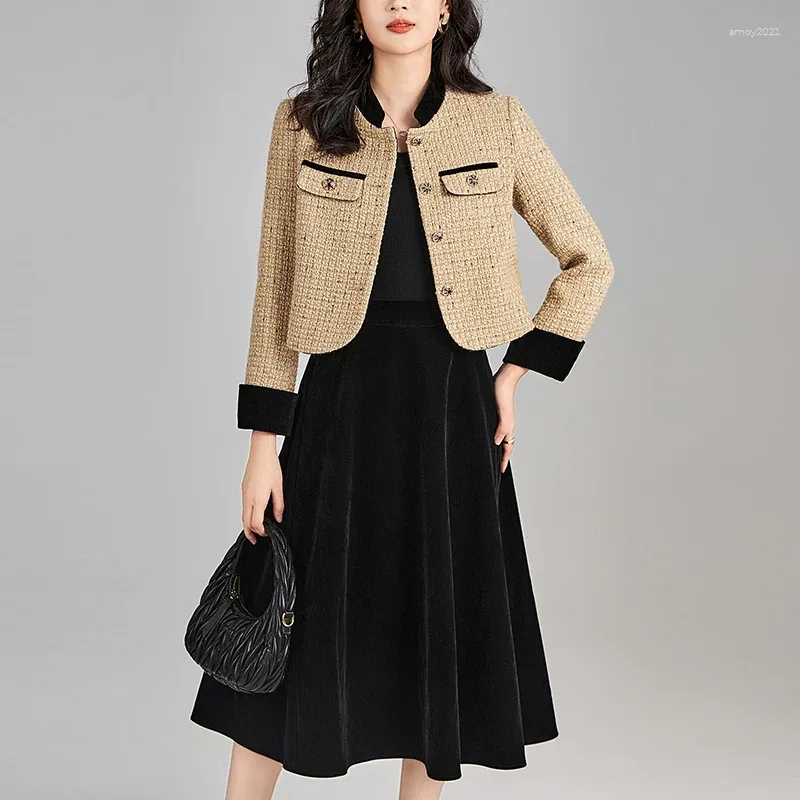 Work Dresses French Style Elegant 2 Pieces Skirts Sets Long Sleeve Tweed Jacket Coat And Velvet Skirt Women's Outfits Two Piece Set