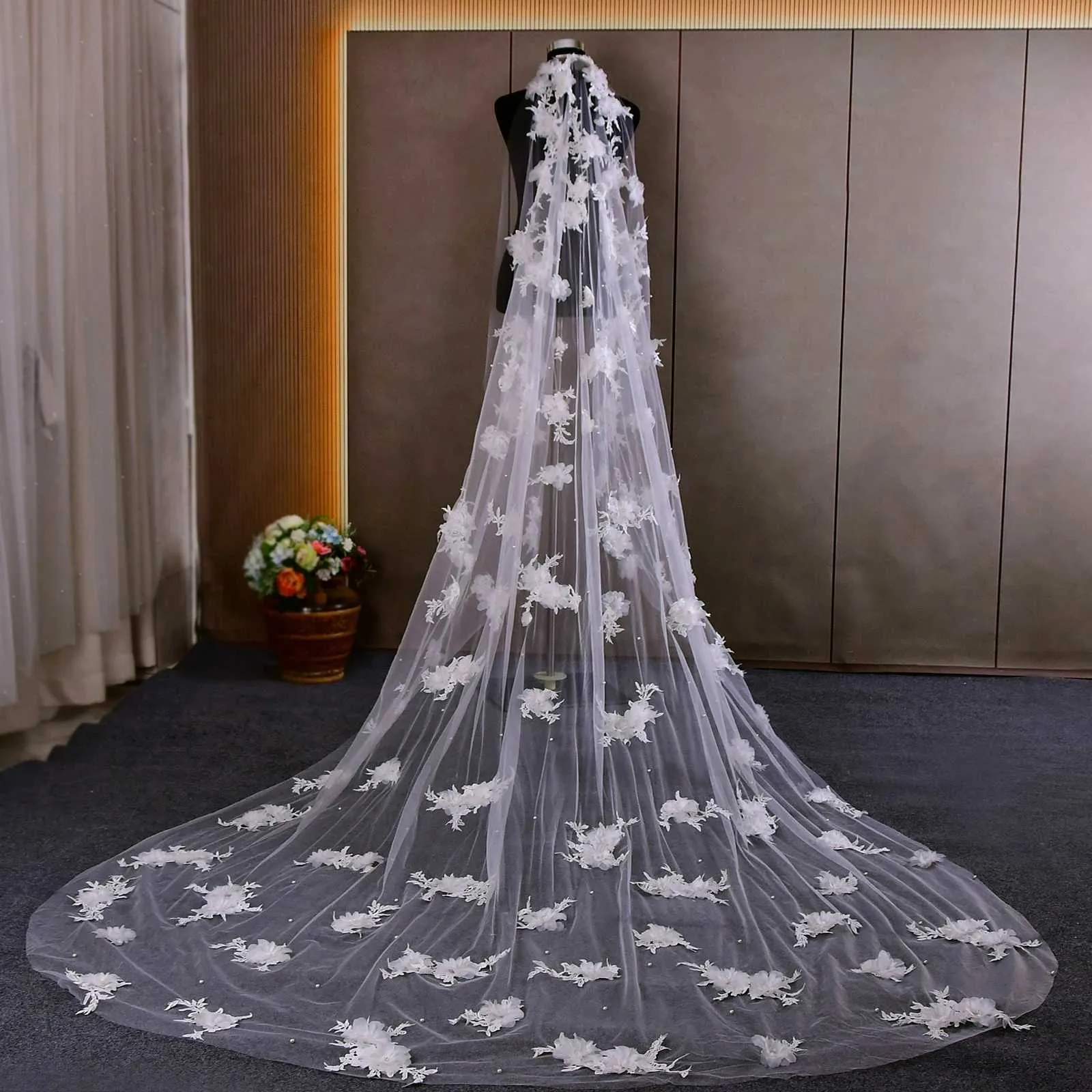 Hair Jewelry Super Pearls Beaded Wedding Veil 3D Flowers Long Cathedral Soft Bridal Illusion with Comb Bride Accessories_ipsvogv.com