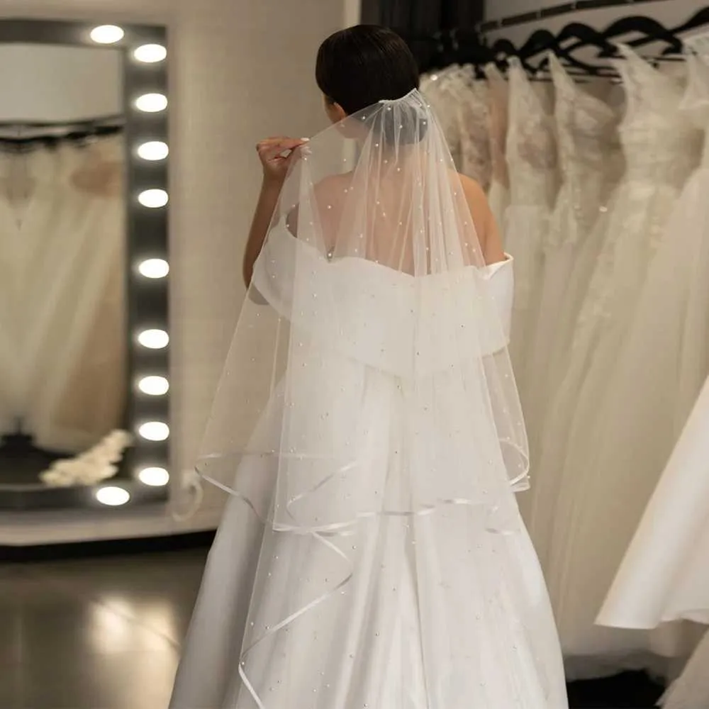 Haarschmuck Perlen Perlenbesetzter Brautschleier 2-stufig lang Kathedralschleier Bandkante mit Kamm Tropfenstil Brautkleider_voghion.com